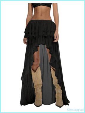 Ruffle Chiffon Maxi Skirt Elastic Drop Waist Boho Asymmetrical